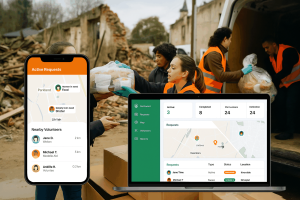 Volunteers helping using mobile app and web app